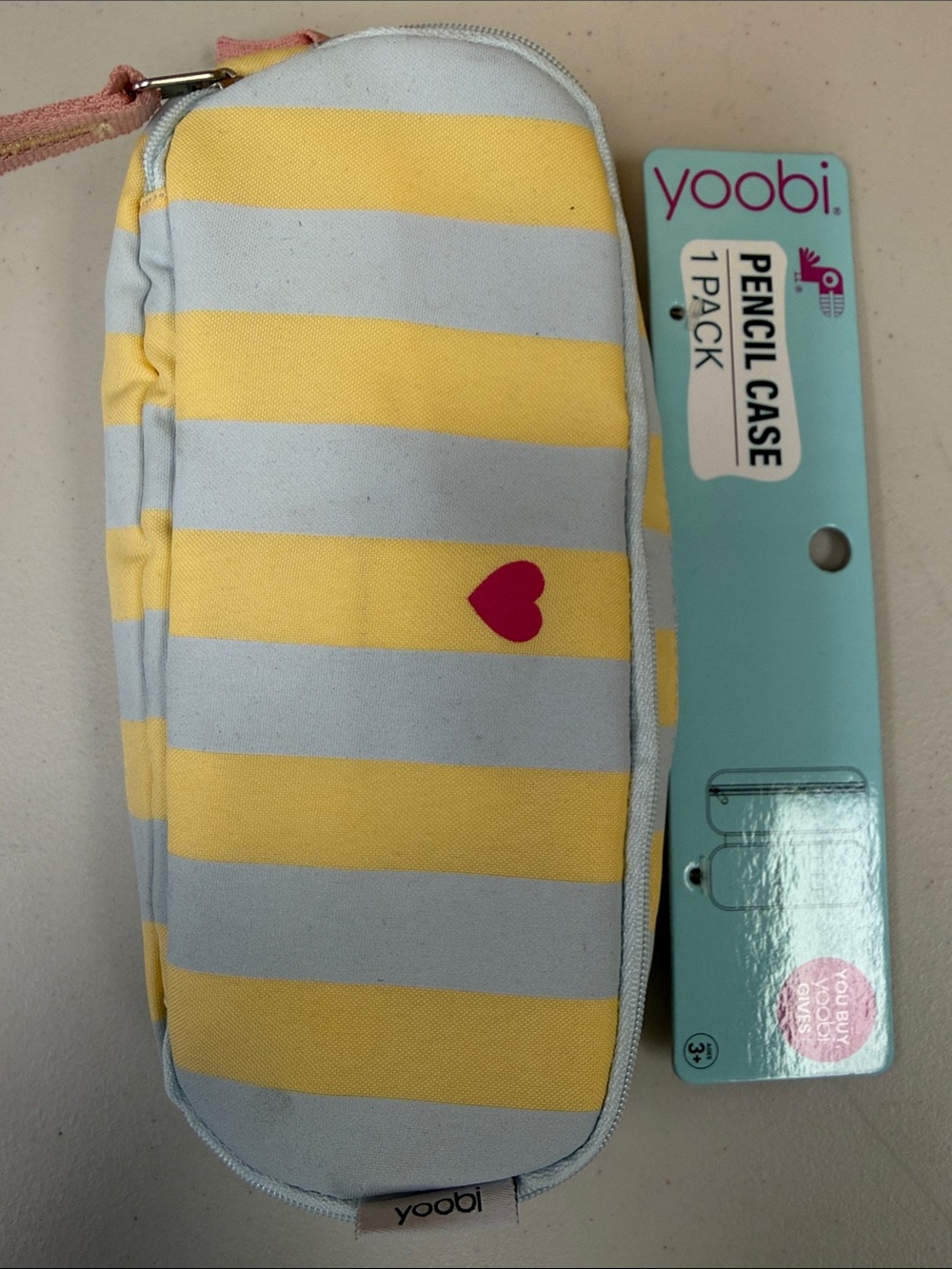 Yoobi Yellow, Light Blue & Pink Heart Striped Pencil Case multiple pockets uses
